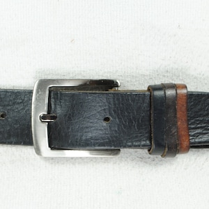 Black Thick Leather Belt, Silver Buckle, Brown detail Unisex Belt for Jeans, Heavy duty Western, Vintage Accessories, Size 31 32 33 34 35 36