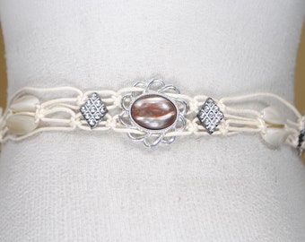 Beige Macrame Belt for Women. Tie up Fringe belt, Rhinestone belt, Vintage Accessories, Woven Braided, handmade Boho hippie summer festival