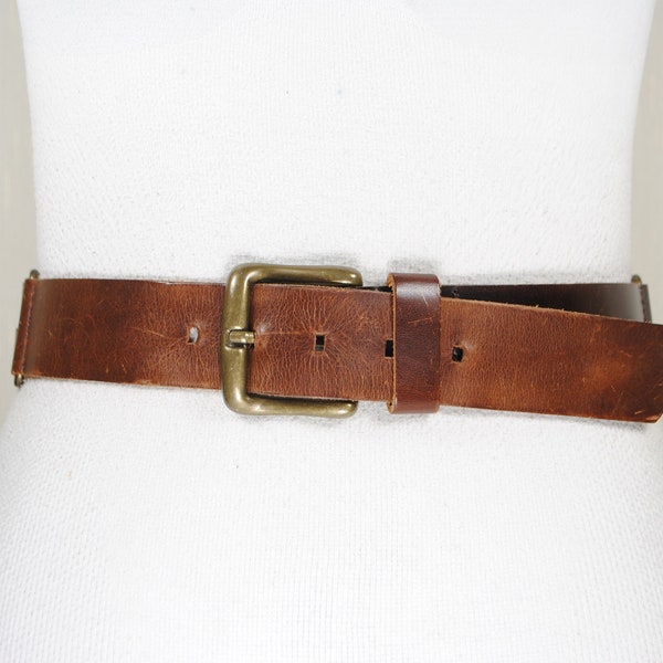 Burnished Brown Thick Leather Belt, Solid Brass Buckle, Unisex More and More belt, Vintage, Chocolate Brown, Old money, Size