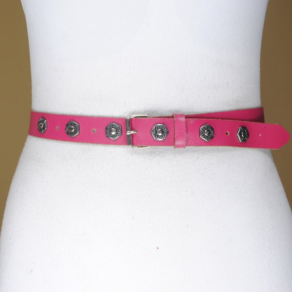 Skinny Studded Pink belt, Slim Pink Riveted Leather Belt for women, Vintage Bling Belt, Barbie belt