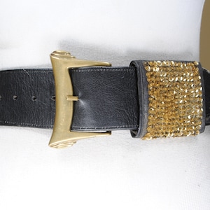 Wide Black leather belt, Glamorous, Gold Sequin belt, Women, Golden Gold Buckle, 80s Vintage Statement belt, Size 28 29 30 31 32 Waist, Rare