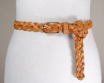 Skinny Tan Braided Belt, Woven Brown Leather Belt for Women, Elegant Gold Buckle, Vintage Boho hippie belt