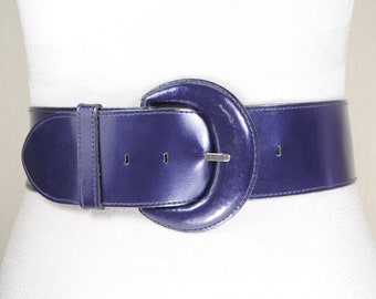 Wide Patent Purple Belt for Women, Massive Covered Buckle, Vintage Metallic Blue Corset, Statement Belt