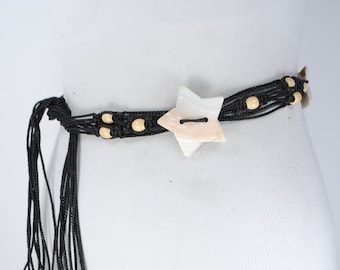 Vintage Shell Medallion Tie Belt With Long Fringe Ends 1970s Coconut Shell Rings Brown Fringe Tie Belt, XL 2XL 3XL  main image 2