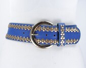 Wide Sky Blue belt for women with Gold buckle, Gold Studded belt