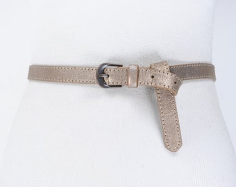 Bronze Metallic Leather Belt for women with Dark Buckle, Vintage Skinny belt