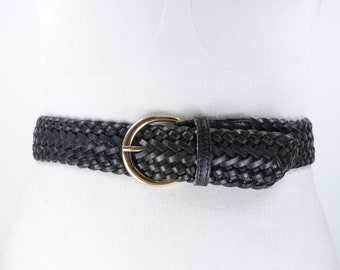 Braided Black Leather Belt, Old money, Quiet Luxury, Woven belt for women, Vintage leather belt, Elegant belt, Rounded buckle, 80s 90s