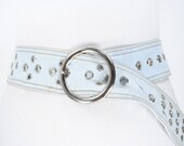 80s 40 quot Wide Light Blue Denim Riveted Belt for women with Round Silver Buckle