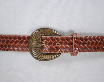 Distressed leather belt 70s  29-32 Brown Cognac Embossed Leather Belt for Women with Carved Brass Buckle