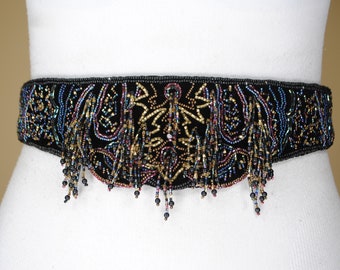 80/'s Wide Beaded White Satin Belt Pastel Beads Accent Belt with Beaded Design Medium to Large
