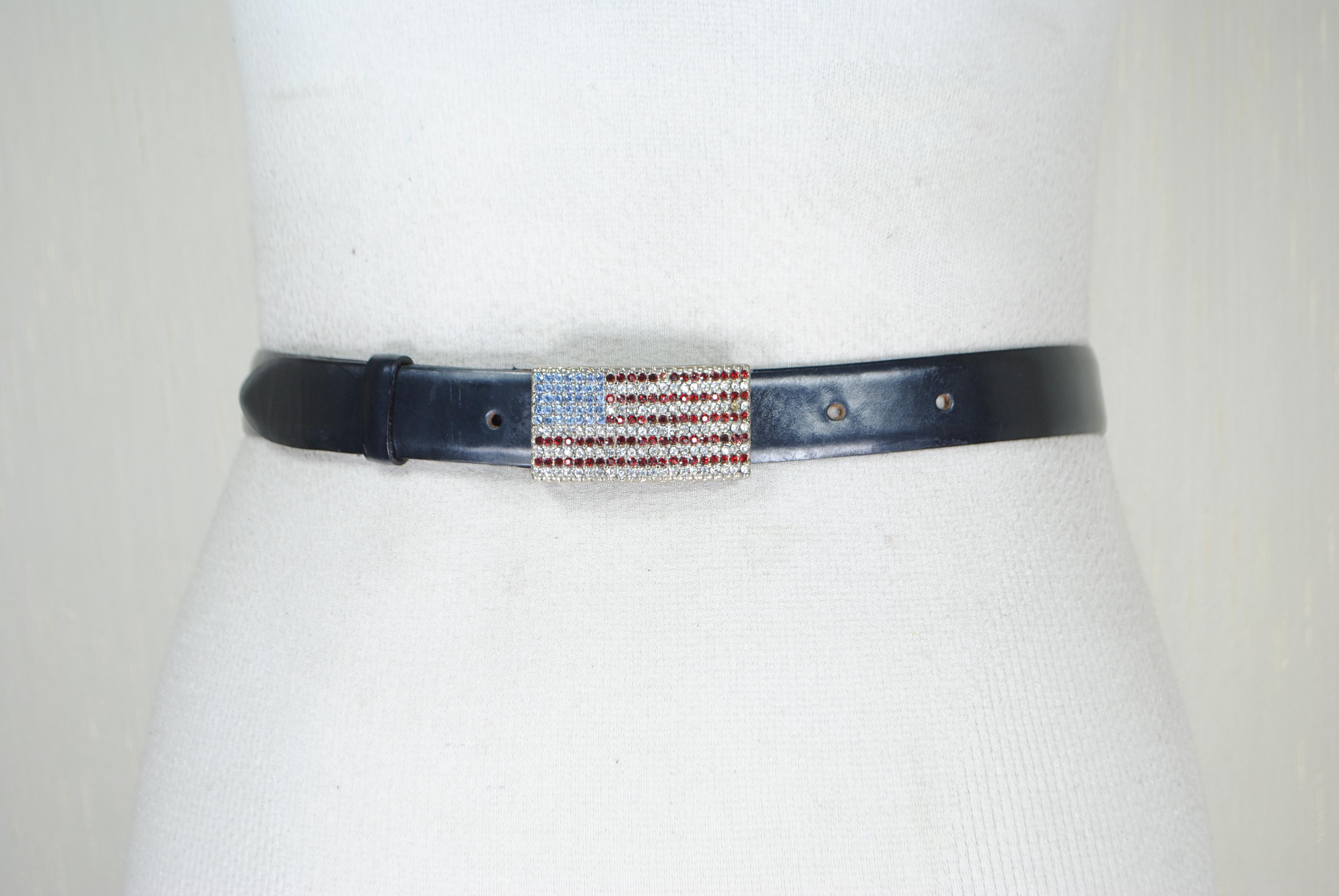 American Flag Rhinestone Belt Buckle, Skinny Navy Blue Leather