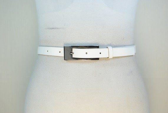 Skinny White Patent Belt, Genuine leather Y2K Bel… - image 1