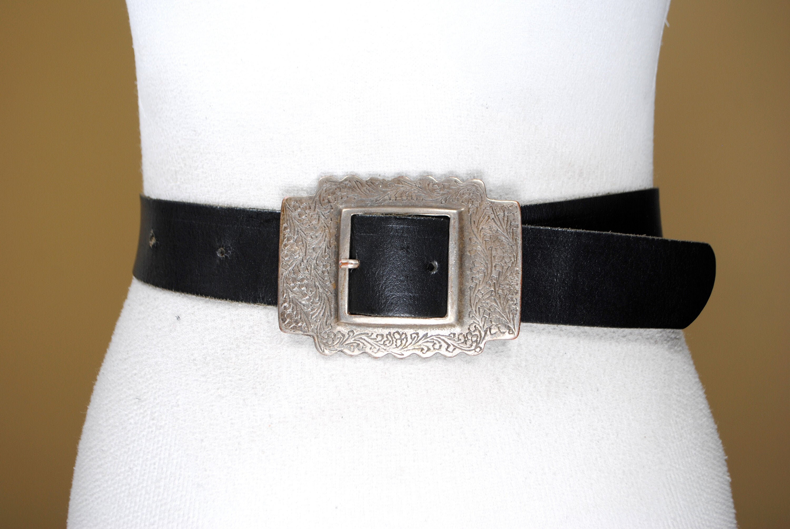 Black Leather Belt for Women. Silver Engraved Floral Buckle. | Etsy