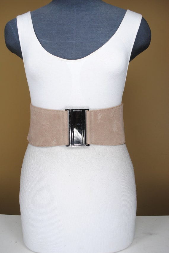 Wide Beige Stretch Belt for Women. Taupe Vegan Su… - image 3