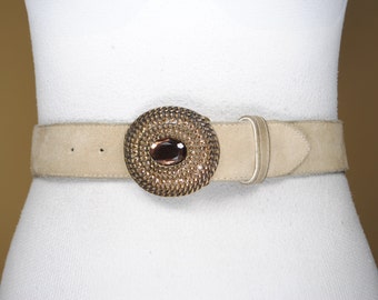 Beige Suede Leather Belt for Women, Rhinestone Brass Buckle, Vintage Chain Buckle belt