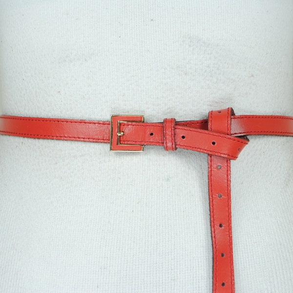 Skinny Red Leather Belt, Old Money Quiet Luxury Belt for Women, Gold Buckle, Vintage Accessories, Size 30 31 32 33 34 35 36 37 38 39 40 41