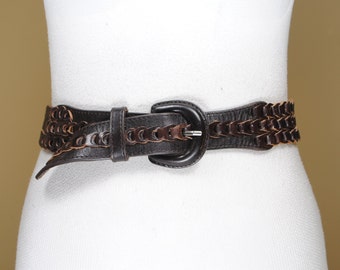 wide leather waist belt boho belt L Vintage dark brown leather link belt Brazilian leather belt adjustable waist belt
