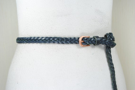 Skinny Blue Braided Belt, Woven Navy blue Leather… - image 3