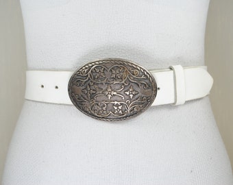 White Leather Belt for Women, Carved Floral Buckle, Vintage belt, Boho Belt for Jeans, Medieval buckle