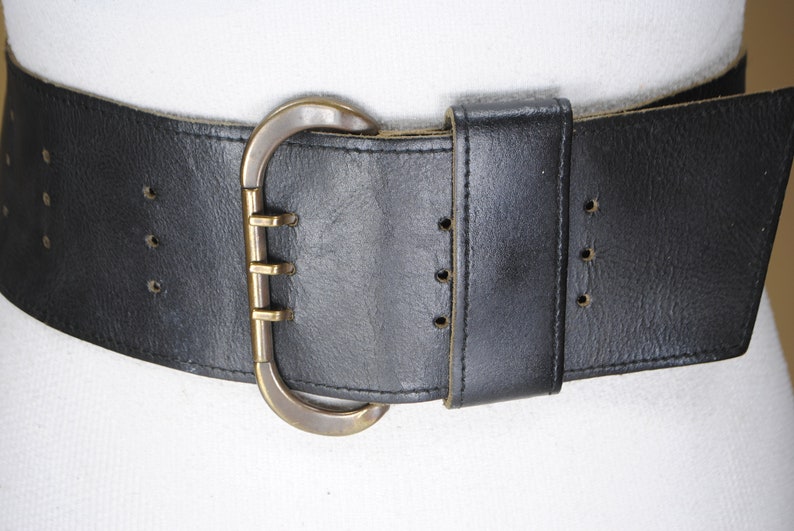 25-38/'/' Corset belt triple prong buckle 90s Wide Black Leather Belt for women with brass buckle