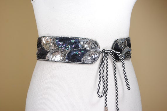 Black Silver Sequin Belt, Great Gatsby Tie Up Bel… - image 3
