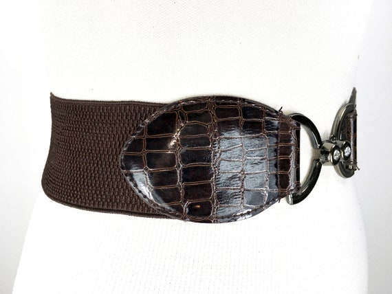 Wide Stretch Brown Belt, Patent Vegan Leather Bel… - image 3