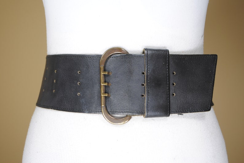 25-38/'/' Corset belt triple prong buckle 90s Wide Black Leather Belt for women with brass buckle