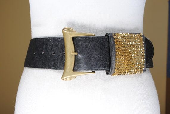 Wide Black leather belt, Mob Wife Glam, Gold Sequ… - image 1