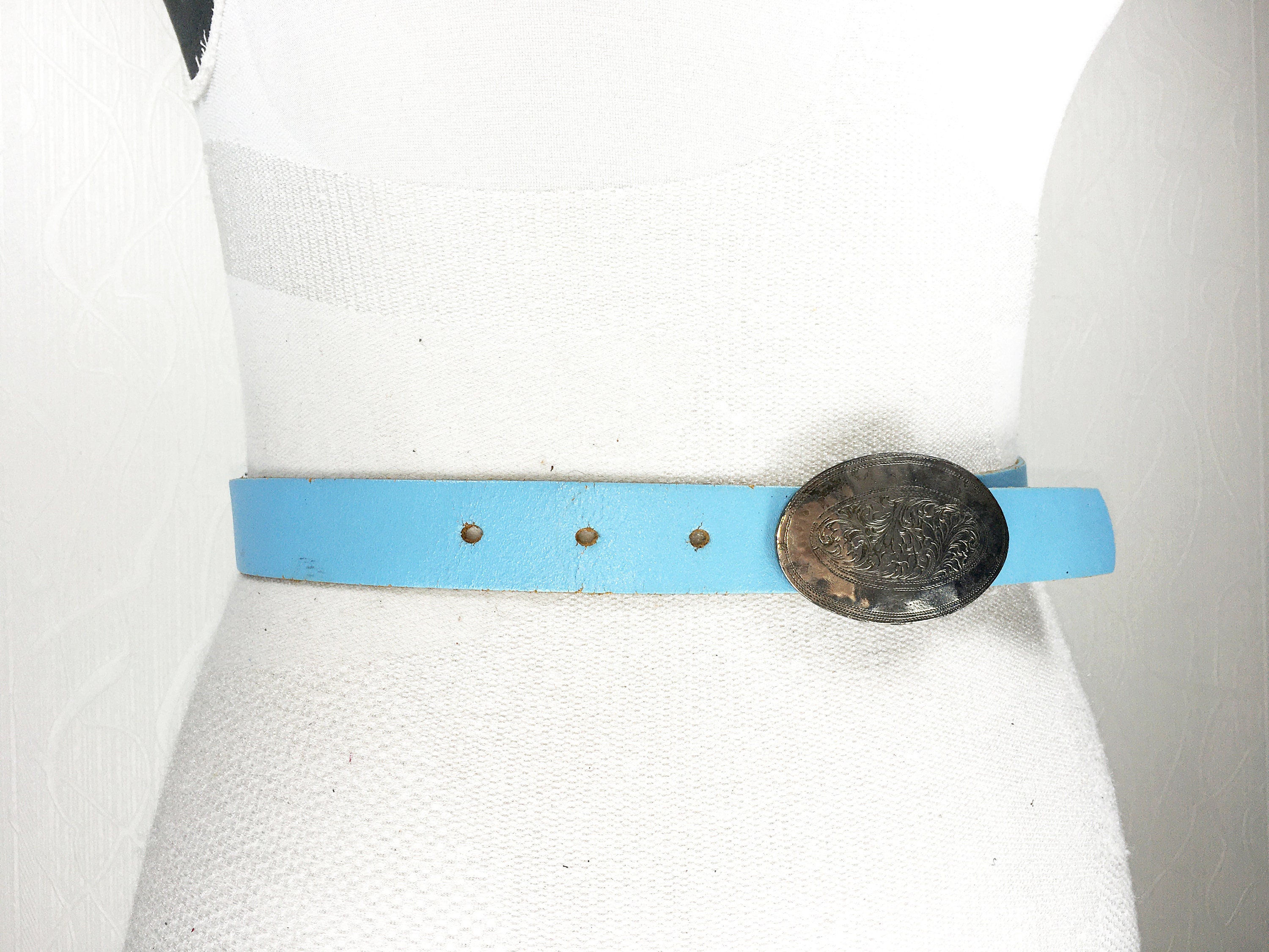 Blue leather belt for women with carved buckle Etsy