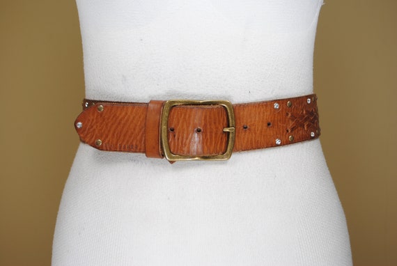 Tan Brown Braided Belt, Wide Embossed Leather bel… - image 6