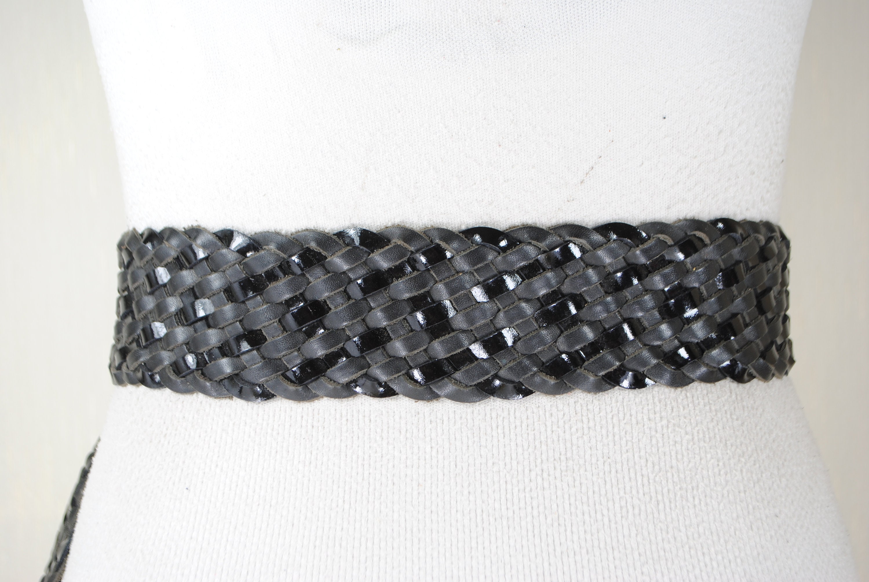 Vintage Y2K Braided Black Woven Leather Belt Silver Ring Buckle Festival Vibes Wide Black Braided Belt Woven Leather, Women, Silver Buckle  main image 2