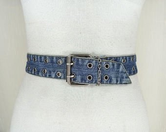 Denim Belt, 90s Curved Hipster Style | Large Brass Buckle