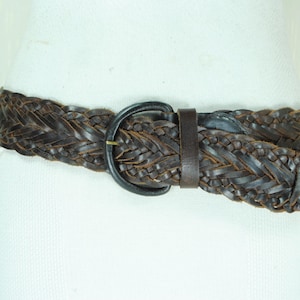 Wide Chocolate Brown Belt, Vintage Braided Woven Leather, Dark Brown Belt, Women, Rounded Covered Buckle, Adjustable size, 25&quot; - 38&quot;