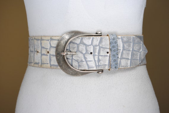 Wide Reptile Pattern Belt, Y2K Vintage Hip Belt, Light Grey  display picture 1
