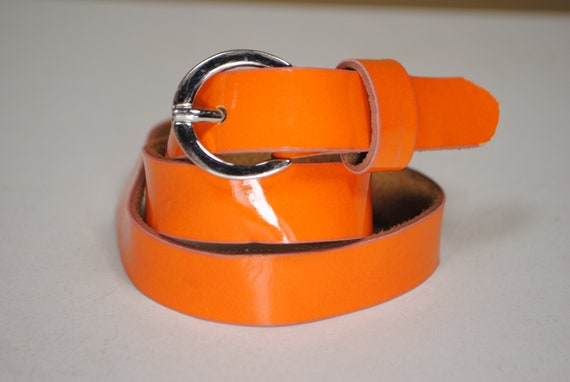 Patent Orange Leather Belt, Women, Silver Buckle, Skinny