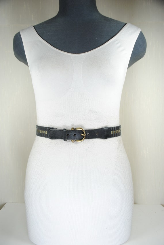 Black Gold Leather Belt, Vintage Woven Belt for W… - image 2