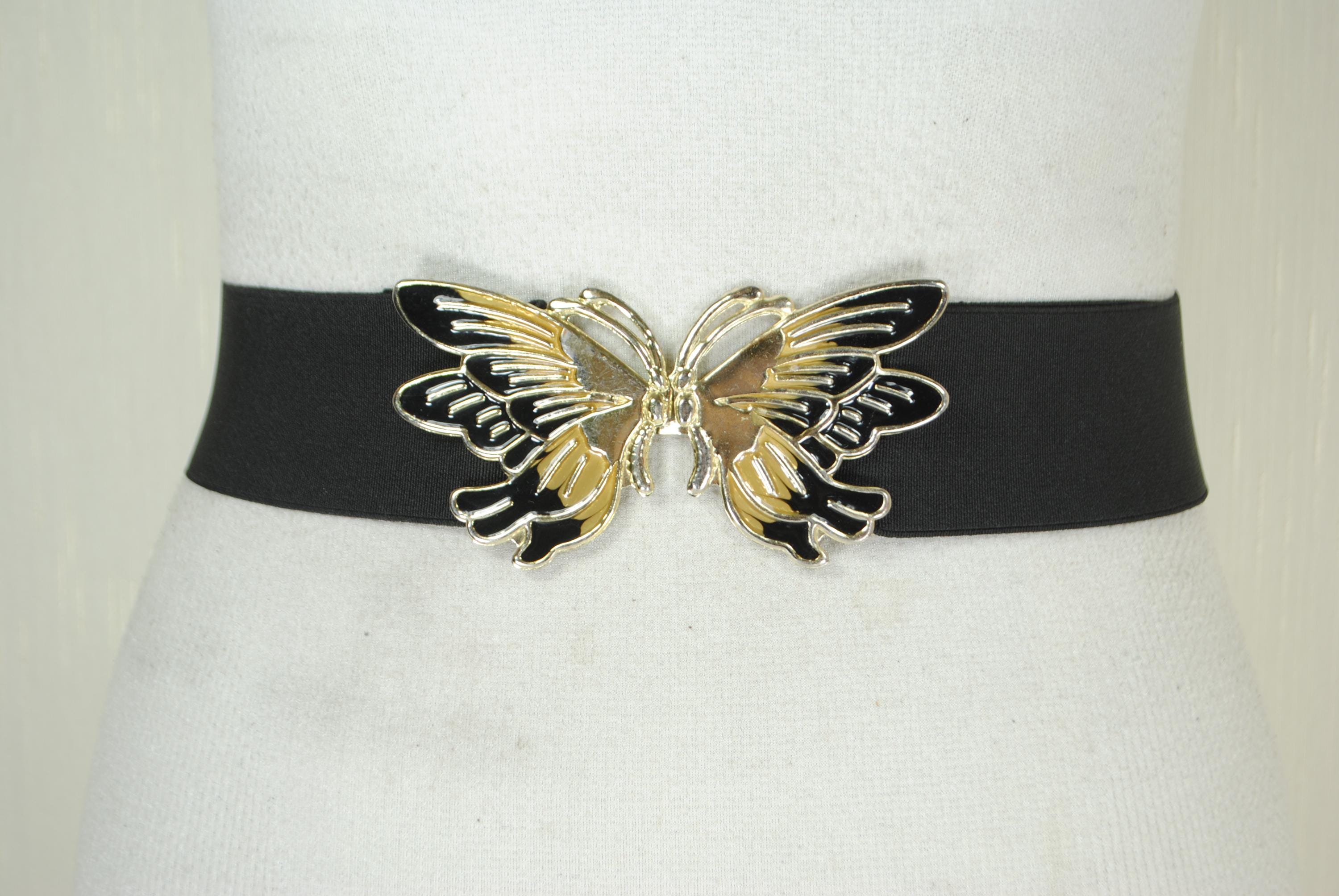Black Gold Butterfly Buckle Belt, Enamel Buckle, VINTAGE  display picture 2