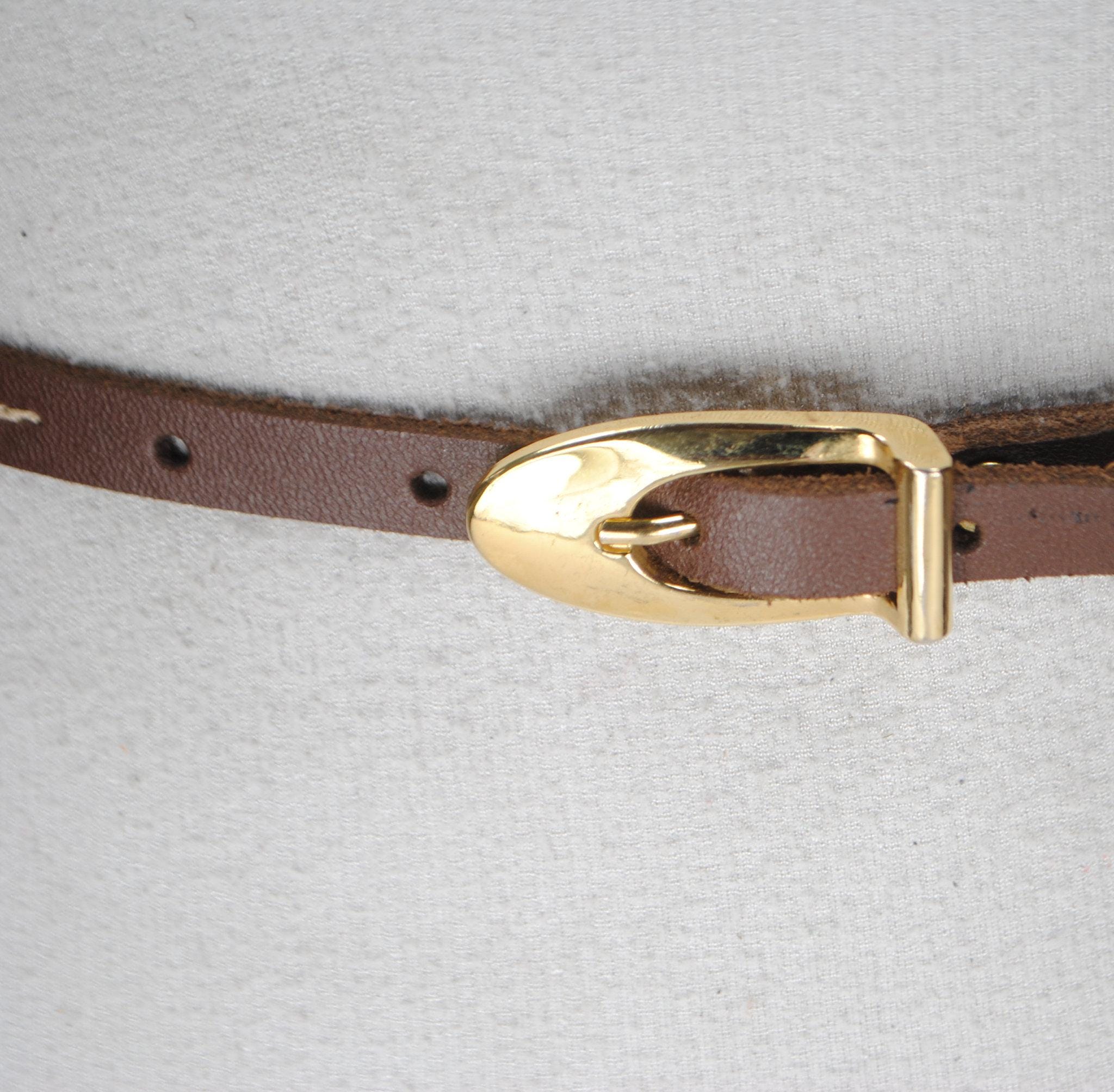 Skinny Brown Stitched Belt, Gold Buckle, 70s Vintage Belt  display picture 1