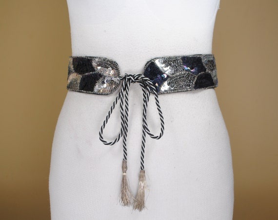Black Silver Sequin Belt, Great Gatsby Tie Up Bel… - image 4