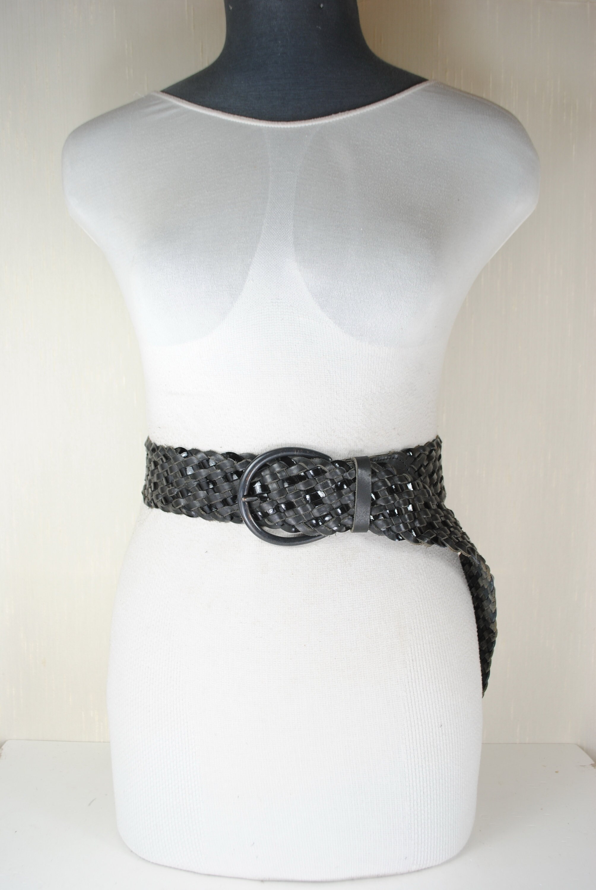 Wide Black Braided Belt Woven Leather, Women, Silver Buckle 