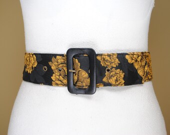 Wide Black Fabric Belt, Massive Covered Trench Buckle, Vintage Floral Dress belt