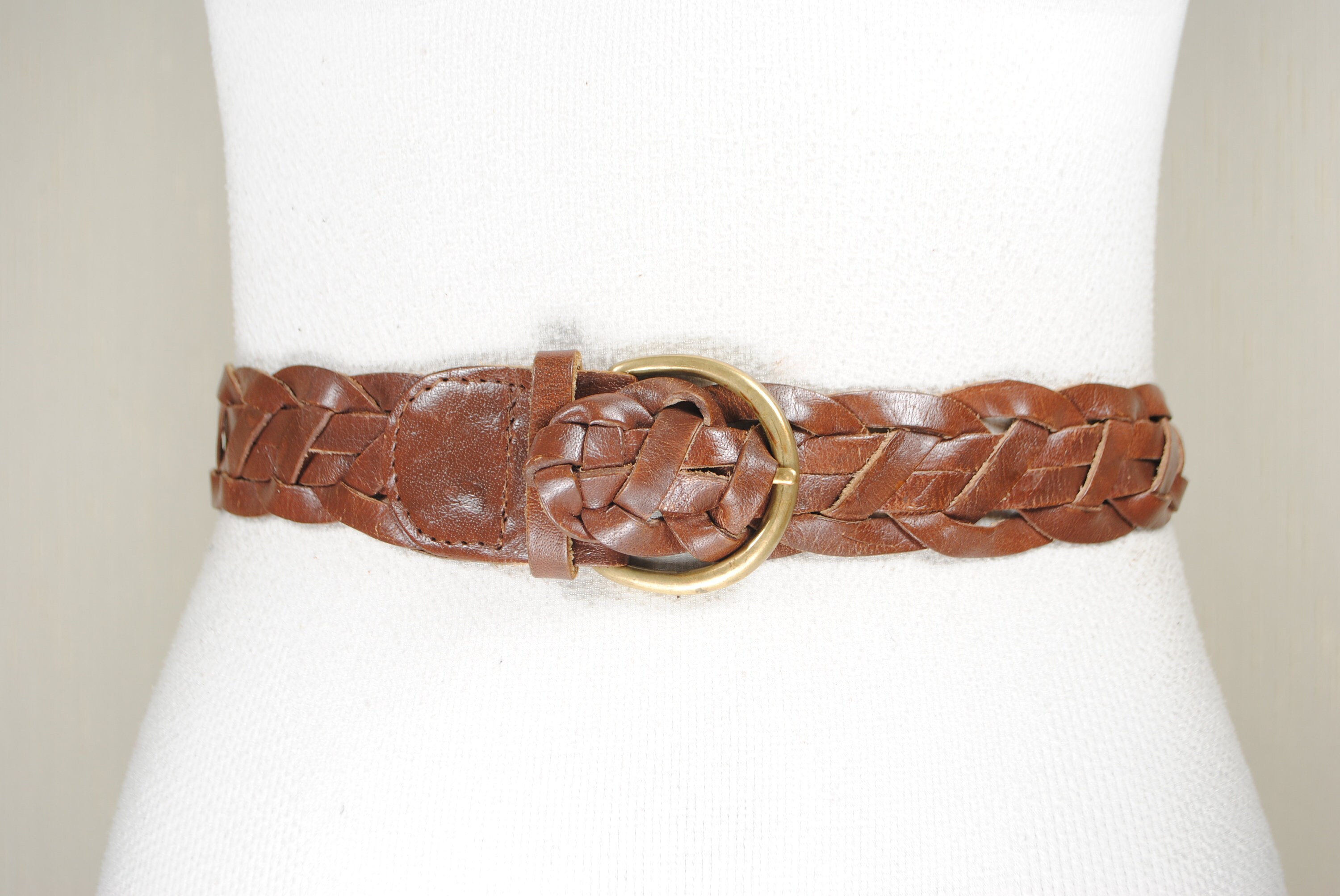 Braided Brown Leather Belt, Woven Tan Leather Belt, Women  display picture 2