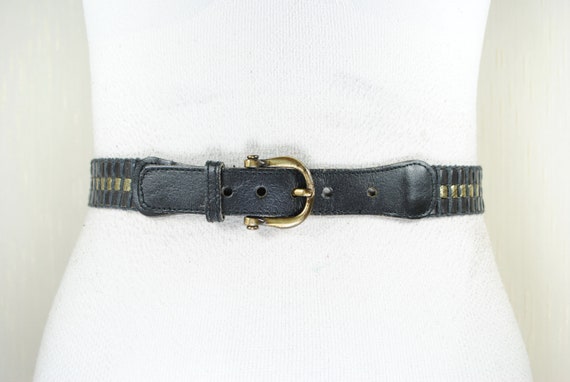 Black Gold Leather Belt, Vintage Woven Belt for W… - image 1