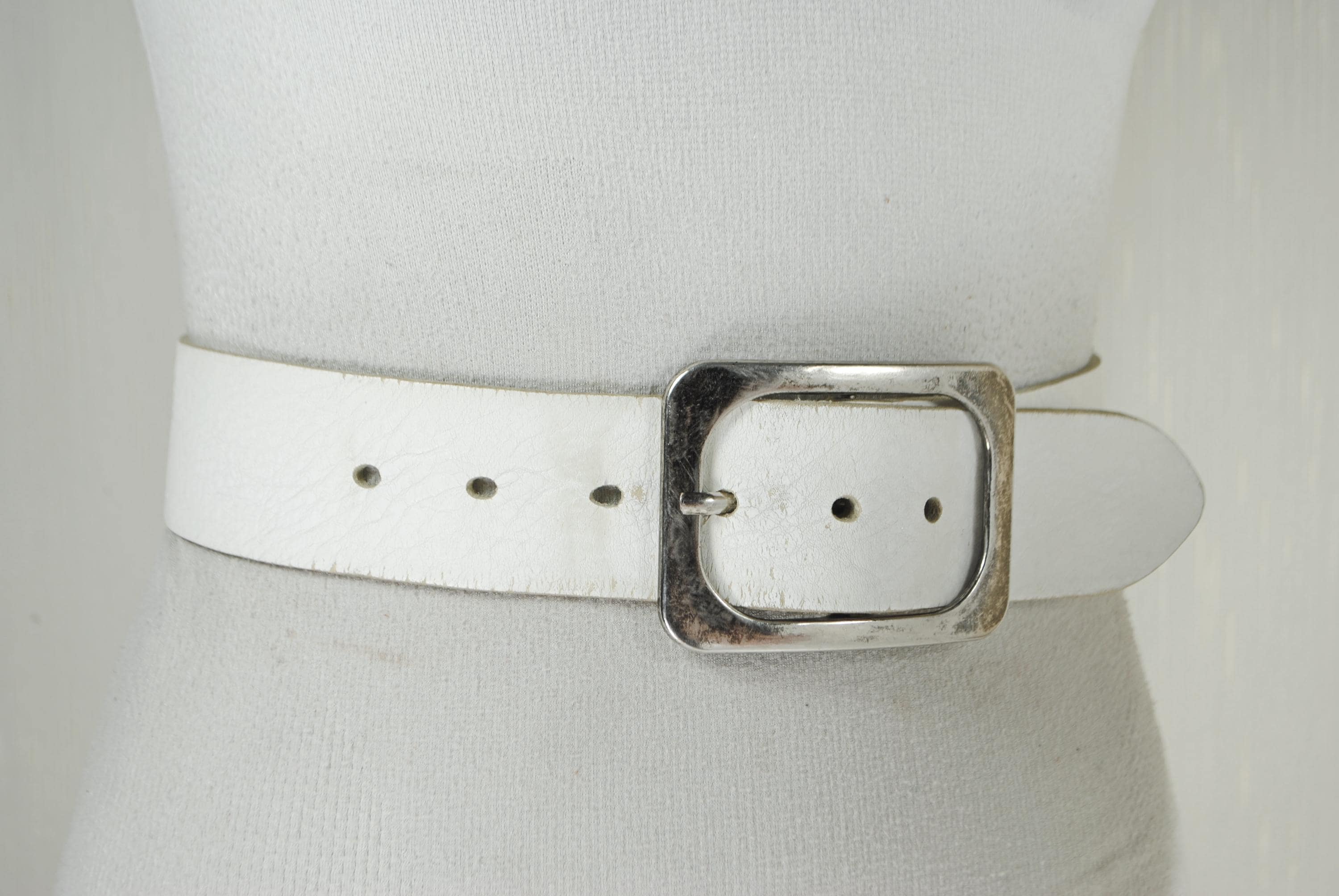 White Leather Belt, Chunky Silver Metal Rectangular Trendy