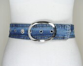 Riveted Blue Denim Belt for women with Oval Silver Buckle, Vintage Y2K Blue Fabric belt, Studded belt