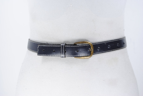 80s 24-32 stitched navy blue leather belt for women with brass buckle