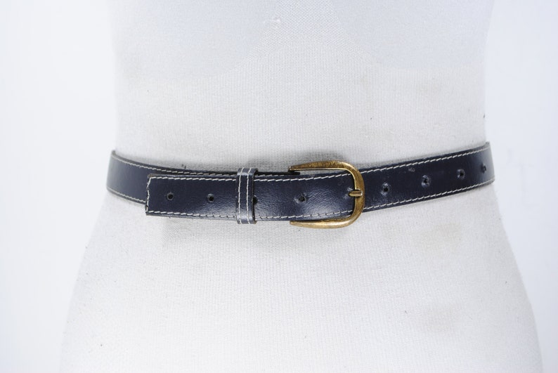 80s 24-32 stitched navy blue leather belt for women with brass buckle