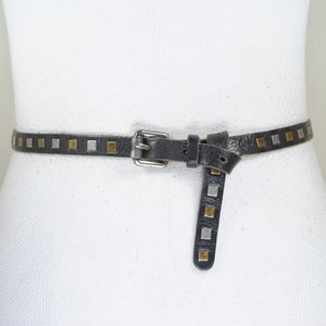 Skinny Studded Black Belt, Women, Silver Metal Buckle, 90s Vintage Hip belt, Thick Genuine Leather,  Brass Silver studs, Size 36 37 38 39 40