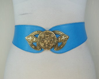 Cinturón de cuero turquesa, cinturón de declaración azul mujeres, hebilla de bling de oro grabada, corsé vintage, efecto cuero de lagarto, tamaño 32 33 34 35 36