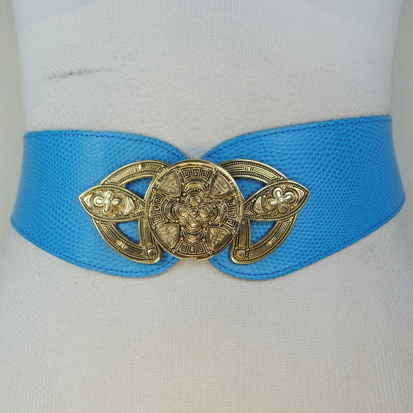 Turquoise Leather Belt, Blue Statement Belt Women, Engraved Gold Bling Buckle, Vintage Corset, Lizard Leather Effect, Size 32 33 34 35 36